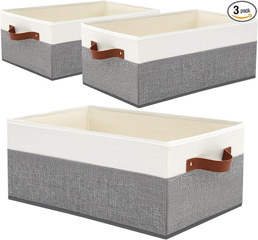 3 Pack Large Capacity Storage Bins Closet Organizer for Shelves, Fabric Closet Storage Baskets Boxes with Leather Handles for Organizing Clothes, Sheets, Jeans, Toys, Books (Grey)