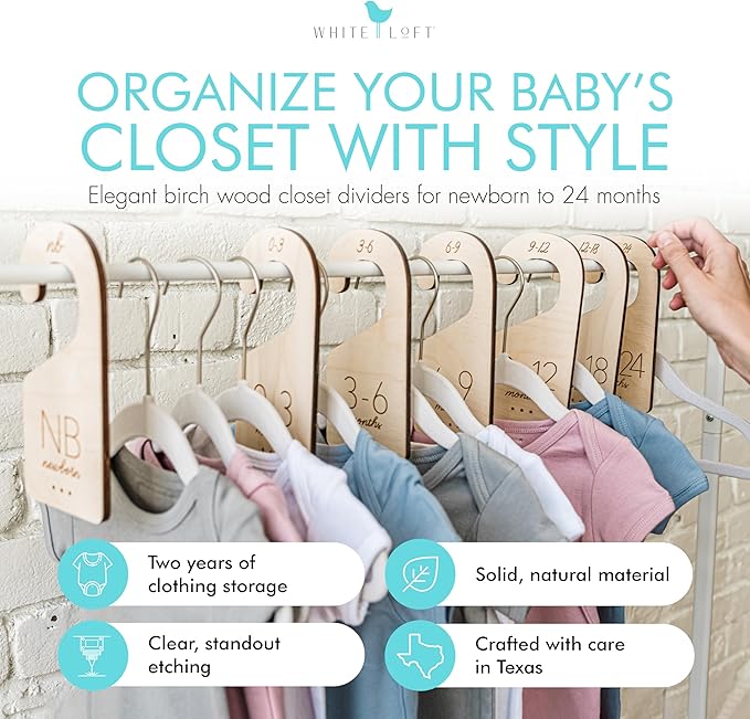 Baby Clothes Organizer – Baby Clothes Dividers for Closet – Wood Size Dividers for Newborn to 24 Months, Nursery Organizer, Large 1in Letter Size (Set of 7)