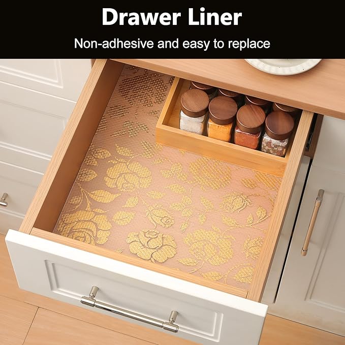 INNOLITES Shelf Liner for Cabinets, Non-Adhesive for Kitchen Drawer Liner, Waterproof Shelf Paper with Floral Pattern, Durable Easy to Clean (Golden Rose, 23.6" x 120")