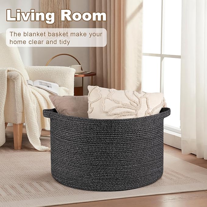 Large Woven Baskets for Storage, 23.6" x 23.6" x 14.6" Blanket Storage Living Room, Baby Toy Basket for Clothes, Pillows, Towels, Shoe Basket for Entryway (Black)