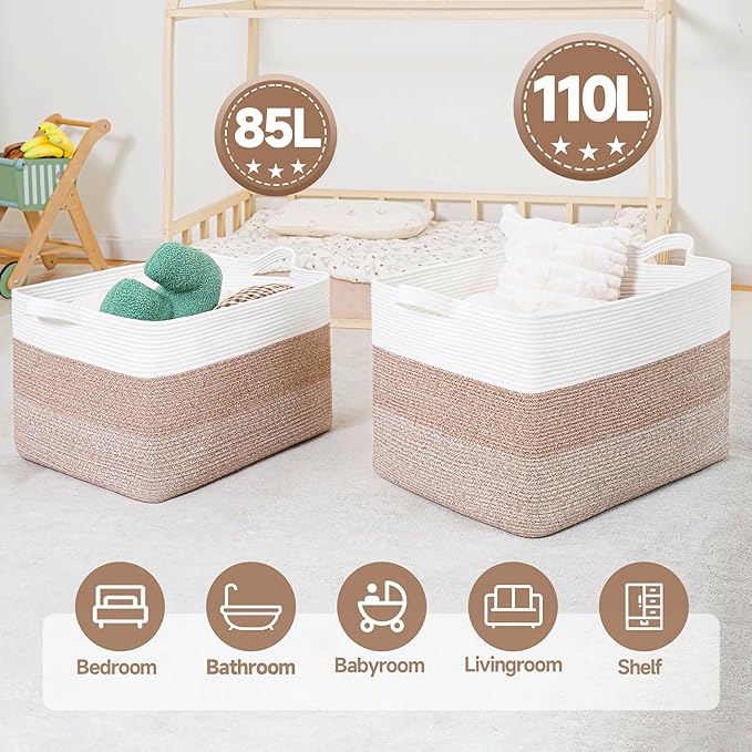 CLHMILY&Z Stylish Square Cotton Rope Storage Basket (Brown & White, 110L)
