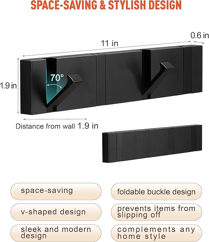 2 Pack，Elegant Black Waterproof Wall Hooks, Foldable Towel Hooks for Bathrooms - Stylish Coat Hooks Wall Mounted - Ideal for Bathroom, Kitchen, Balcony Décor - Space-Saving Storage Solution