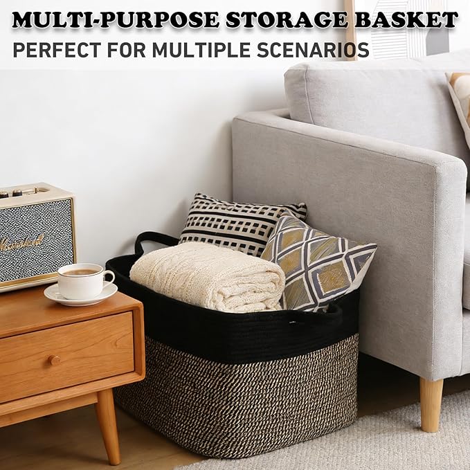 Magazine & Newspaper Baskets,65L Large Woven Rope Blanket Basket,21"x16"x12"Storage Bin with Handle,Toys Storage,Laundry Basket for Home Organization/Living Room/Nursery/Bedroom.Black&Jute
