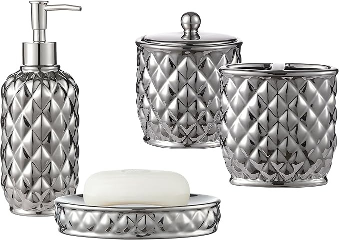 Bathroom Accessories Set, 4-Piece Ceramic Bath Accessory Complete Set with Lotion Dispenser/Soap Pump, Cotton Jar, Soap Dish and Toothbrush Holder (Pineapple Pattern, Silver Grey)