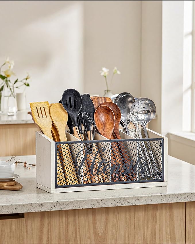 Extra Large Kitchen Utensil Holder with 4 Compartments, Wooden Cooking Utensil Holder for Counter, Farmhouse Utensil Organizer for Countertop, Spatula Holder, Rustic Kitchen Decor, White