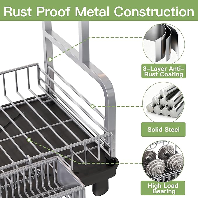 2 Tier Stainless Steel Large Capacity Dish Drainers Drying Rack for Kitchen Counter, Metal Gray Rust Proof Plate Strainers Holder On Countertop with Drainboard Tray, Space Saving, Aesthetic Modern