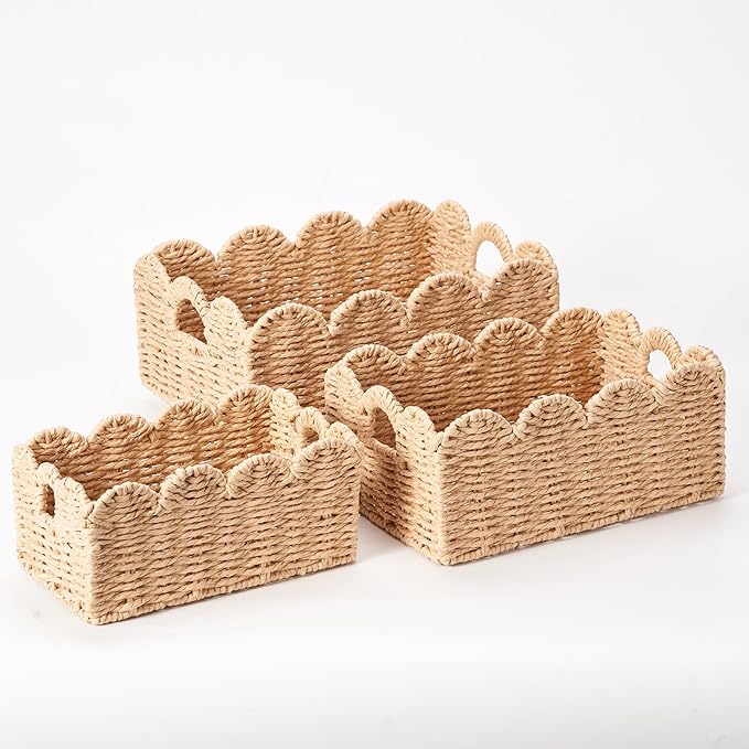 Scalloped Wicker Baskets, Set of 3 Hand-Woven Storage Baskets with Handles - Paper Rope Shelf Organizers & Decorative Baskets for Shelves, Closet, Bathroom (Beigeï¼