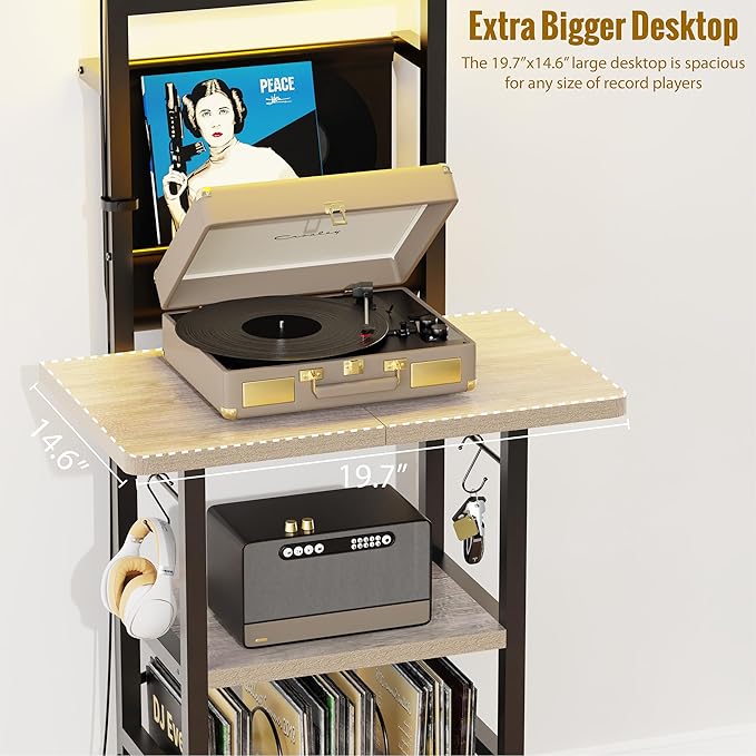 Record Player Stand with Led Light,Record Player Table with Vinyl Storage,Turntable Stand with Record Holder Vinyls Display Shelf for Music Room Studio,Greige