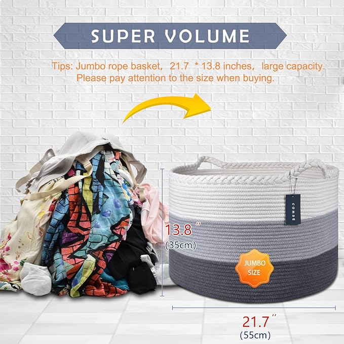 COMSE Extra Large Woven Blanket Laundry Basket, 21.7âx 13.8â, Nursery Hamper, Cotton Rope Laundry Hamper Living Room for Storage Toys Clothes Towels (White & Light Gray & Dark Gray)