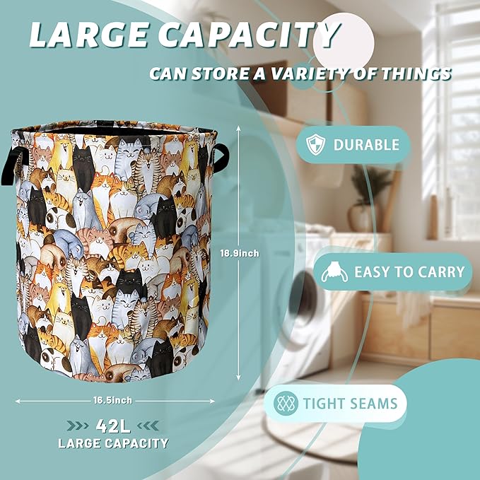 Colorful Cats Cute Animal Laundry Basket Foldable With Handles Tote Bag Oxford Cloth Funny Laundry Hamper Clothes Storage Bucket Toy Organizer 18.9" x 16.5" For Bathroom/Laundry/Bedroom