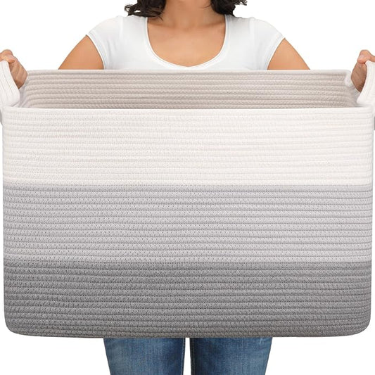 OIAHOMY Extra Large Blanket Basket, 95L Woven Storage Basket, Cotton Rope Toy Bin for Baby Room, Container for Storage in Living Room, 24''×17''×14'', Gradient Grey
