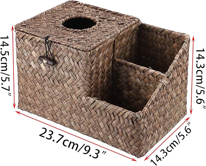 Sumnacon Square Woven Tissue Box Cover - Decorative Cube Tissue Box Holder with Side Organizer, Rustic Seagrass Tissue Box for Living Room Vanity Night Stand Table Countertop Office,Coffee