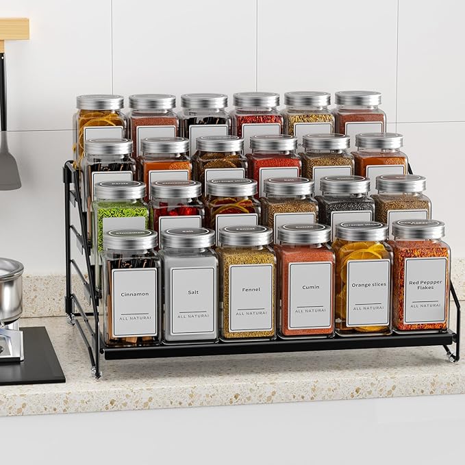4 Tier Spice Rack for Cabinet, Spice Rack Organizer, Depth Adjustable Spice Holder for Countertop, Cupboard, Pantry, Seasoning Shelf, Metal, Black (1 Pack)