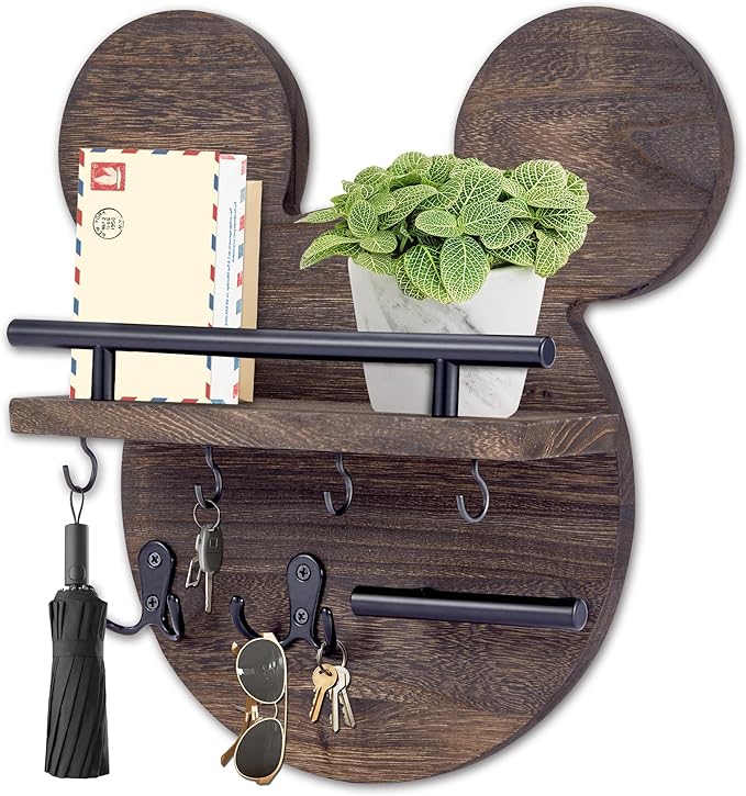 AIRPOP Key Holder for Wall–Mouse Wooden Mail Organizer Wall Mount with Shelf and 6 Hooks, Easy Installation Key Rack Hanger for Entryway Living Room Home Decor (Brown)