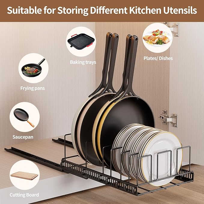 Housolution Pull Out Food Container Lid Organizer with Sliding Rail, Slide Out Plastic Lid Holder Compatible with Tupperware, Metal Storage Rack with 10 Adjustable Dividers for Cabinet, 2 Pack