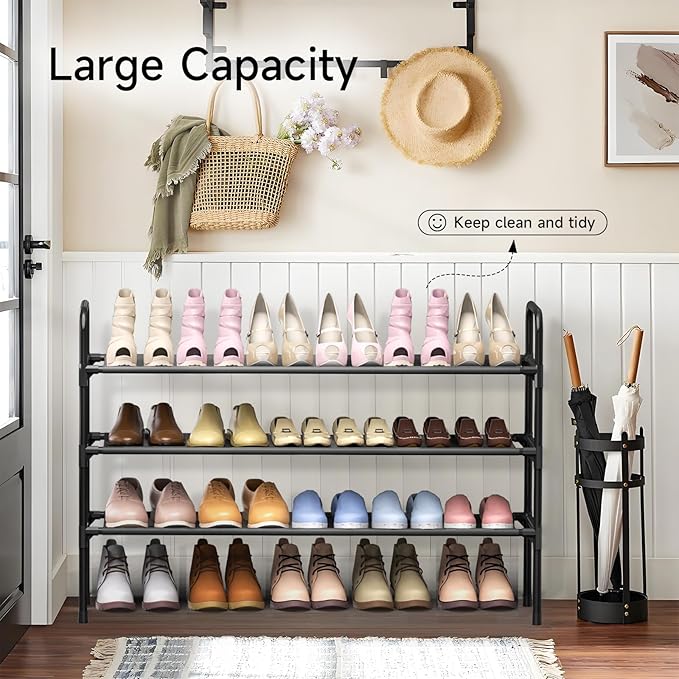 Long Shoe Rack for Closet - 3 Tier Shoe Organizer Storage for Entryway, Front Door Entrance, Metal Frame, Non-Woven Fabric Shelves, 10.8“ D x 40.2” W x 25.8” H
