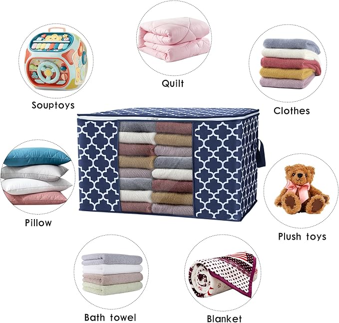 WISELIFE Storage Bags, Large Blanket Clothes Organization and Storage Containers for Bedding, Comforters, Foldable Organizer with Reinforced Handle, Clear Window,Sturdy Zippers,(Blue, 6 x 100L)
