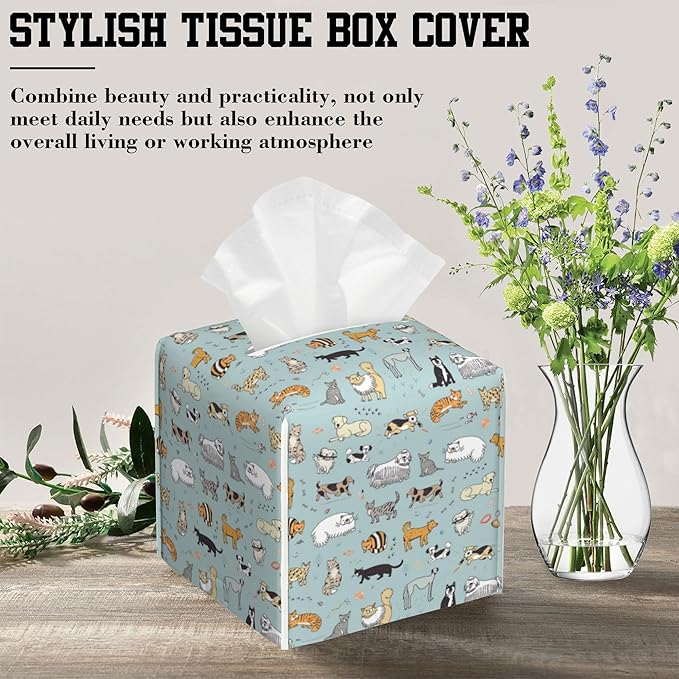 Tissue Box Cover Doodle Cats and Dogs Leather Tissue Box Holder Cube Paper Case Cover Facial Paper Organizer Dispenser for Bathroom, Vanity Countertop, Office Desk