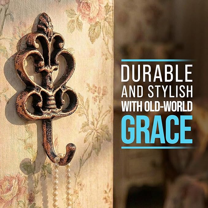 Comfify Shabby Chic Decorative Wall Hooks - Set of 3 - Cast Iron French Country Wall Decor - Farmhouse Hangers for Coats, Purses and More - Copper with Black