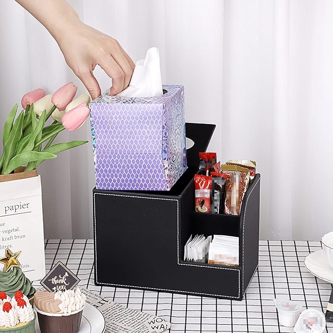 Sumnacon Square Leather Tissue Box Cover - Decorative Cube Tissue Box Holder with Side Organizer, Modern Tissue Box for Living Room Vanity Night Stand Table Countertop Office, Black