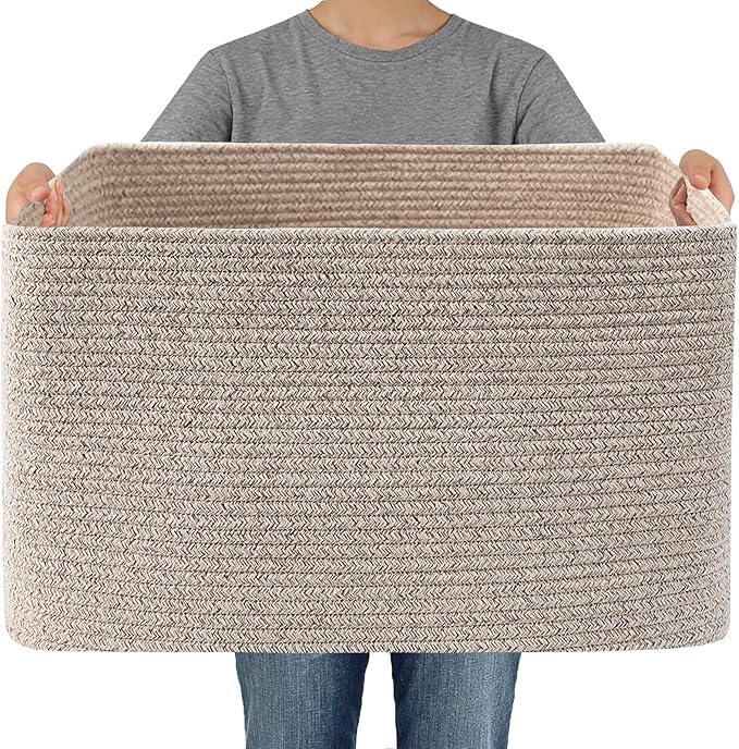 Woven Blanket Basket,65L Large Storage Bin for Blankets Toys Clothes,Decorative Rope Basket for Living Room Bedroom with Handles, Oatmeal