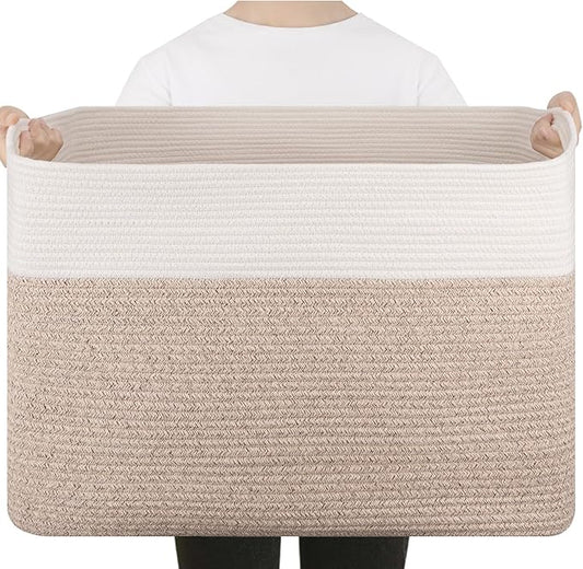 Extra Large Blanket Basket, Toy Basket Bin for Kids, Cotton Rope Woven Storage Basket for Living Room, Nursery, Baby Room Decorative Organizer, 24''×16''×15'', Brown & White