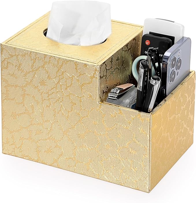 Sumnacon Square Leather Tissue Box Cover - PU Cube Tissue Box Holder with Side Organizer, Decorative Tissue Box for Living Room Vanity Night Stand Desk Countertop Office, Gold