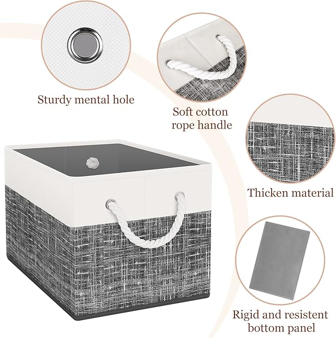 Storage Bin,Collapsible Storage Basket For Organizing,Large Storage Boxes With Rope Handles,Storage Containers,White & Black,8 Pack