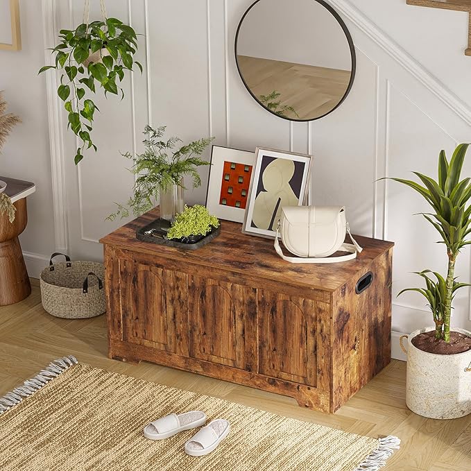 DINZI LVJ Storage Chest, 39.4â Wooden Toy Box with 2 Safety Hinges, Entryway Shoe Bench with Flip-Top, Sturdy Large Storage Trunk for Living Room, Bedroom, Playroom, Easy Assembly, Rustic Brown