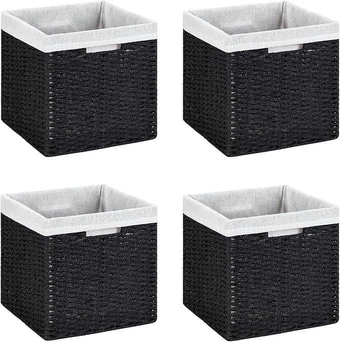 DULLEMELO Wicker Storage Baskets for Shelves, Woven Cube Storage Bins Set of 4, 11x11x11 inch Foldable Wicker Baskets for Shelves,Closet, Clothes, Toys-Black