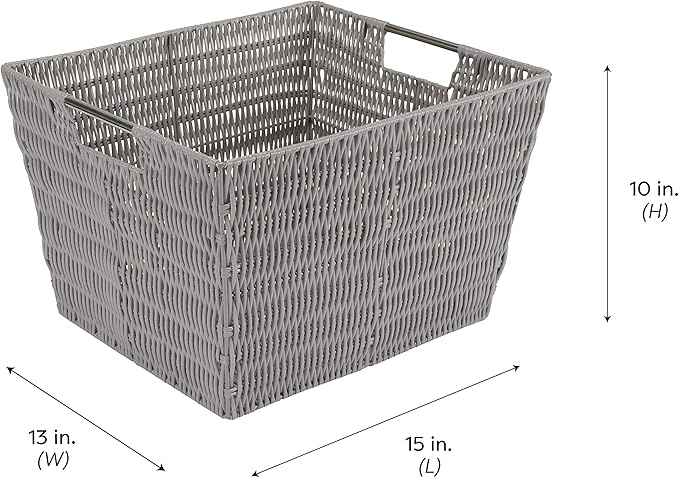 Simplify 15"x13"x10" Large Woven Basket for Storage with Handles, Nursery, Playroom, Toys, Bedroom, Closet, Clothes, Office, Decorative Organizer Rattan Totes, Grey