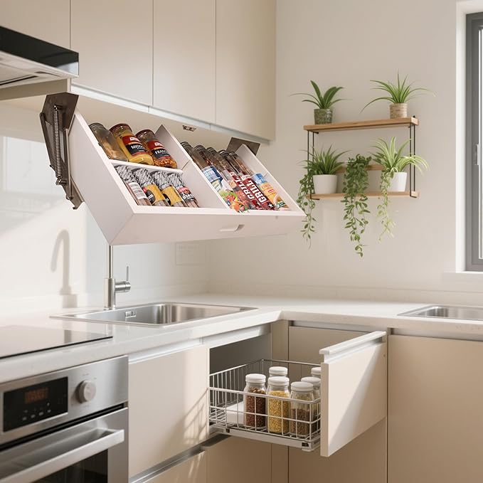 Pull Down Under Cabinet Spice Rack, Kitchen Storage Organizer, Counter Space Shelf (Spice rack M)