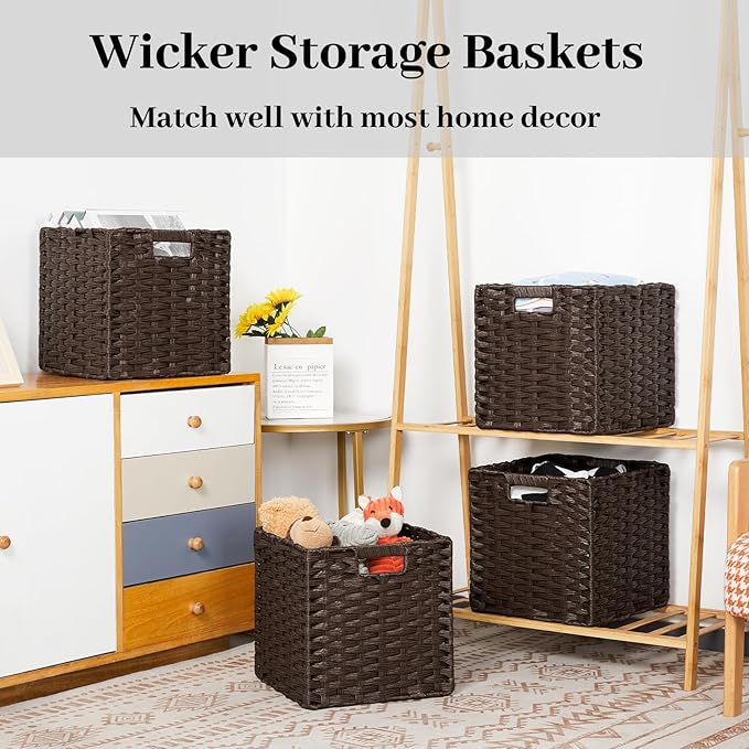 DULLEMELO Wicker Storage Bins 11x11 Storage Cubes for Organizing Plastic Woven Baskets for Storage Set of 2 Waterproof Woven Storage Cube Organizer for Pantry Closet Set of 2 - Deep Coffee