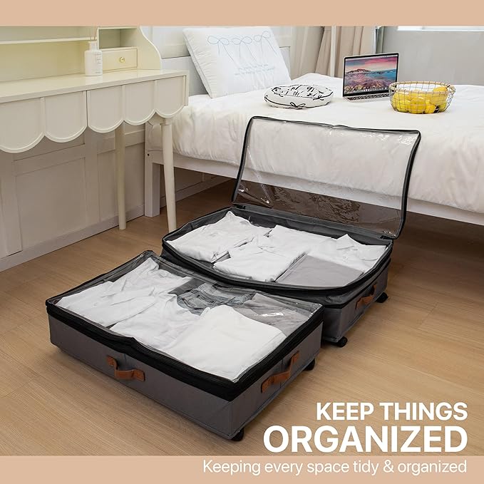 Expandable Under Bed Storage with Wheels 2 Pack â Large Under Bed and Closet Storage - Expandable Storage Bins with Lid & Dividers, Low Profile Storage Solution for Clothes, Shoes Great for Dorm Rooms