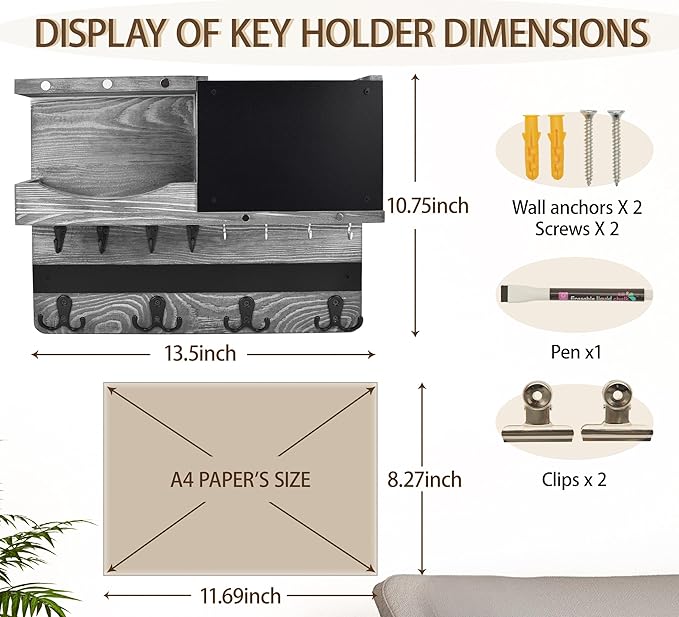 Key Holder for Wall Mount with Shelf and Mail Organizer, Key and Mail Holder with 16 Hooks, Farmhouse Entryway Organizer, Home Decor Rack(Pine Wood,Washed Gray)