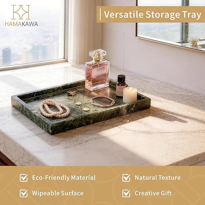Large Bathroom Vanity Tray, Real Natural Marble Tray 12 inch, Emerald Green Marble Stone Toilet Tank Trays, Modern Dresser Trays, Countertop Organizer for Kitchen Counter, Soap Dispenser