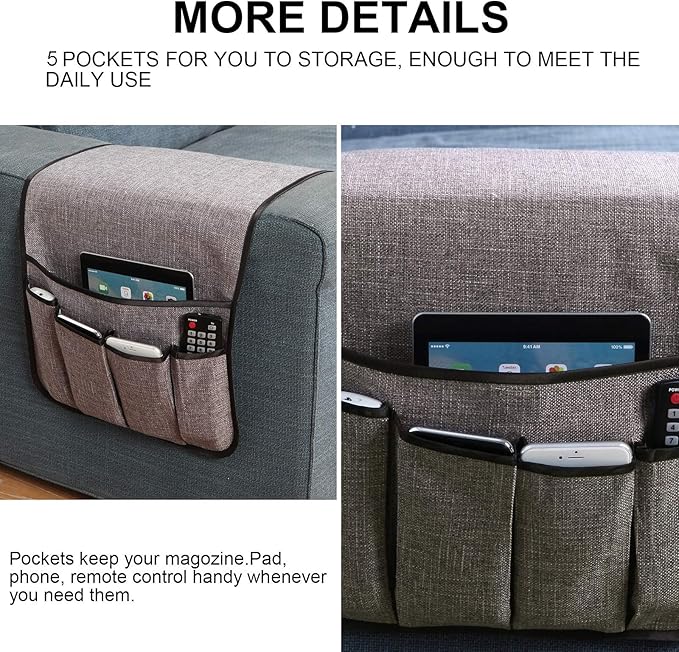 Sofa Armrest Organizer,Non-Slip Remote Control Holders for Recliner Couch,Chair Armchair Caddy with 5 Pockets for Table,Cell Phone,Ipad,Magazines,Books (13x35In, Lightgrey)