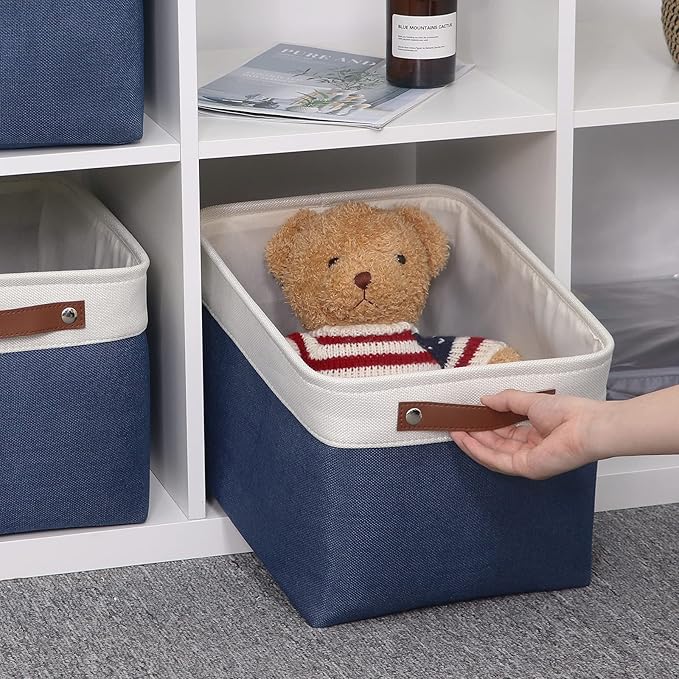 HNZIGE Large Storage Baskets for Shelves(3 Pack) Fabric Toy Basket with Leather Handles, Decorative Foldable Storage Baskets (White&Blue,15" x 11" x 9.5")