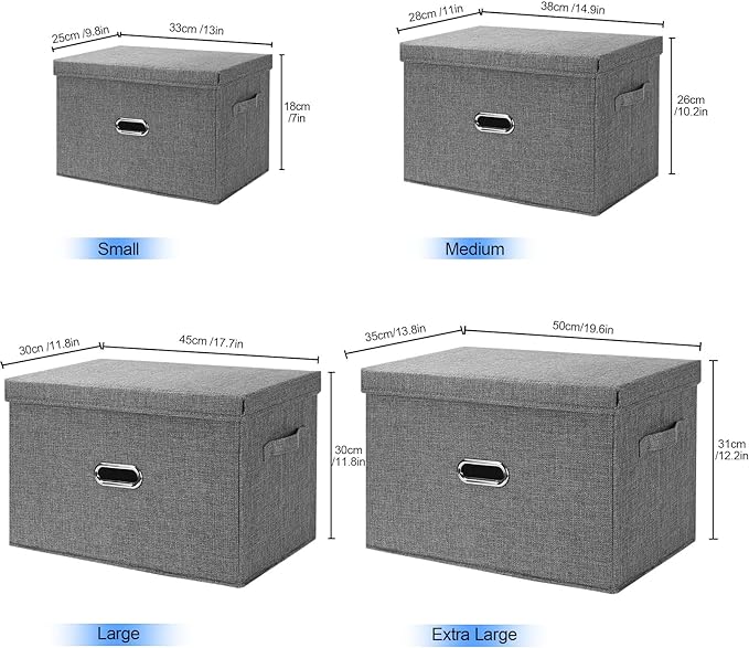 Large Linen Fabric Foldable Storage Bins with Removable Lid and Handles, Washable Storage Box Organizer Containers Baskets Cube with Cover for Bedroom,Closet,Office (Khaki, Extra Large)