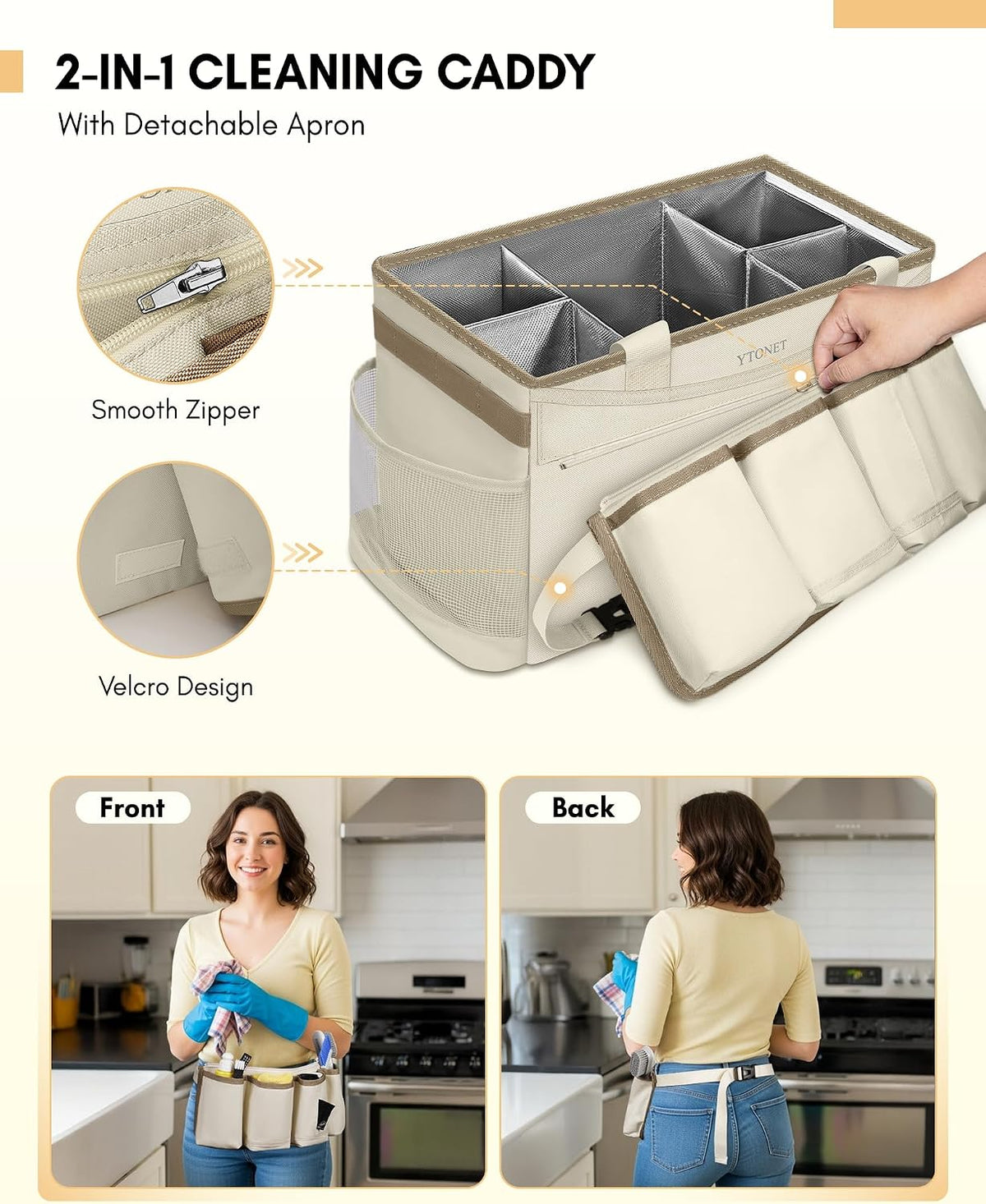 Ytonet Extra Large Cleaning Caddy Bag with Detachable Apron, Cleaning Tote Wearable Cleaning Supplies Organizer, Portable Caddy for Cleaning Products, Car Tool Organizer Bag, Detailing Bag, Apricot