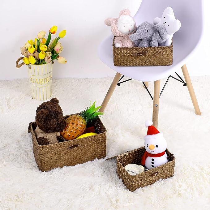 Natural Seagrass Storage Baskets with Lid,Multipurpose Home Organizer Bins Boxes for Shelf Organizer,Decorative Storage Bins- 12'' x 7'' x 6''