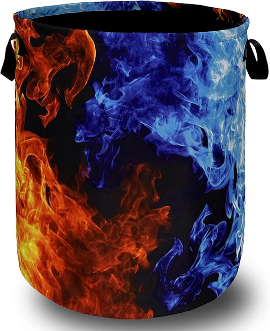 Red Blue Fire Flame Laundry Basket Foldable With Handles Cool Tote Bag Oxford Cloth Colorful Laundry Hamper Clothes Storage Bucket Toy Organizer For Bathroom/Laundry/Bedroom 18.9" x 16.5 "
