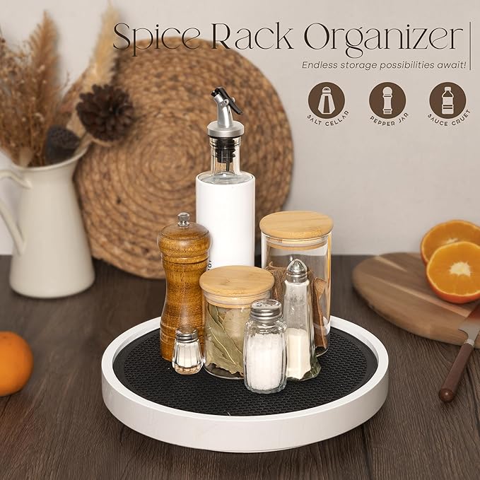 EOSAHR Non-Skid Wood Lazy Susan Organizer Turntable for Home Decor â Stylish 10.5" Lazy Susan Turntable for Cabinet, Pantry & Coffee Table - Great for Bathroom Organizers and Storage (White)