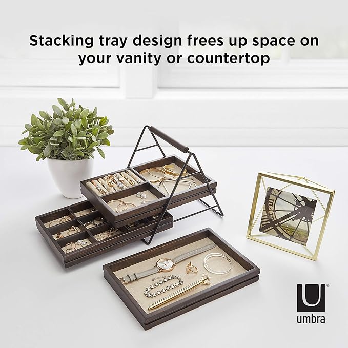 Umbra 1004037-048 Terrace Jewelry Tray â Three-Tier Jewelry Tray With Three Sliding Linen Lined Wood Trays With Metal Frame and Handle, Easy Storage and Access, Black/Walnut Finish