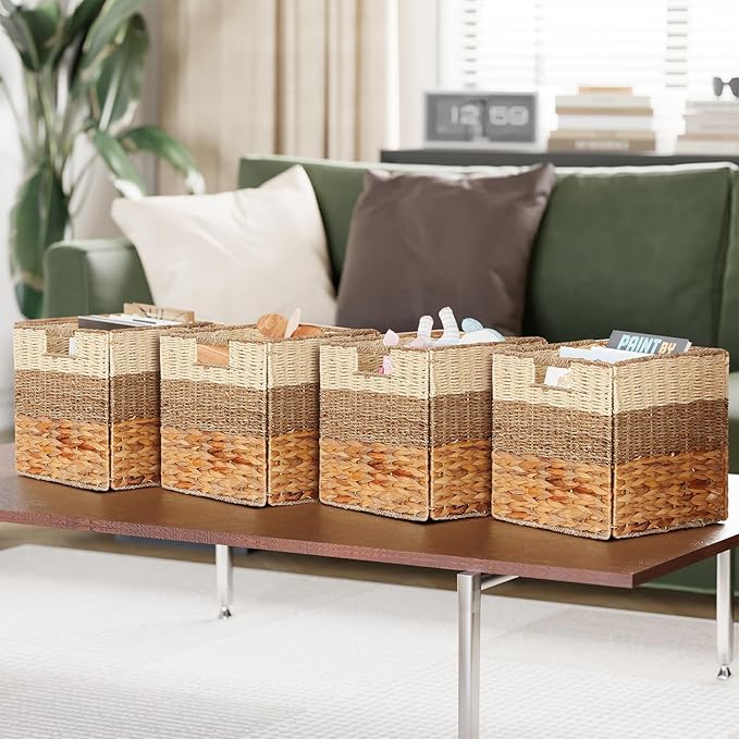 SpaceAid 4 Pack 3 Pattern Design Wicker Basket, Baskets for Organizing, Storage Rattan Basket with Handles for Shelves, Woven Cube Storage Bin Organizer, 12x12x12 inch, Natural