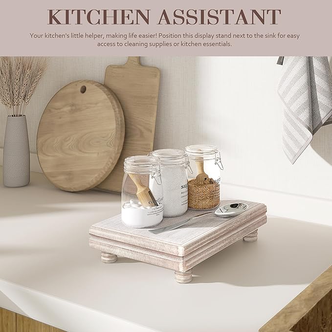 EOSAHR Decorative Tray Wood Pedestal Stand â Farmhouse Wooden Tray for Soap Holder & Bathroom Accessories - Kitchen Essentials & Bathroom Organizer for Home Decor (Natural Wood)