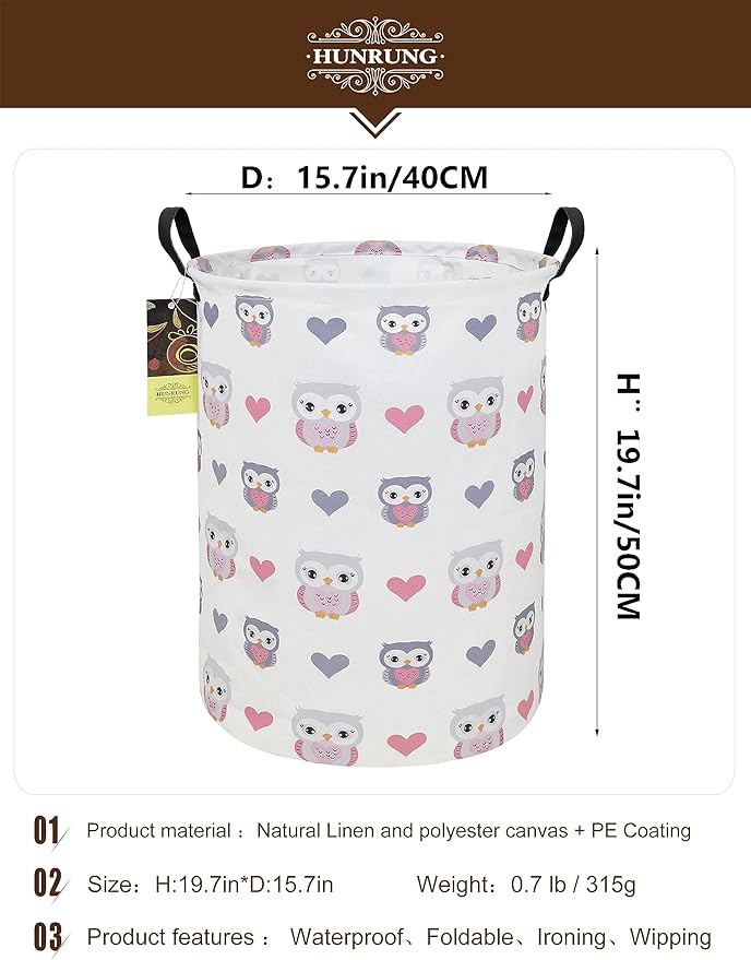 HUNRUNG Laundry Hamper,Large Canvas Fabric Lightweight Storage Basket Toy Organizer Dirty Clothes Collapsible Waterproof for College Dormsï¼Round-Love Owlï¼