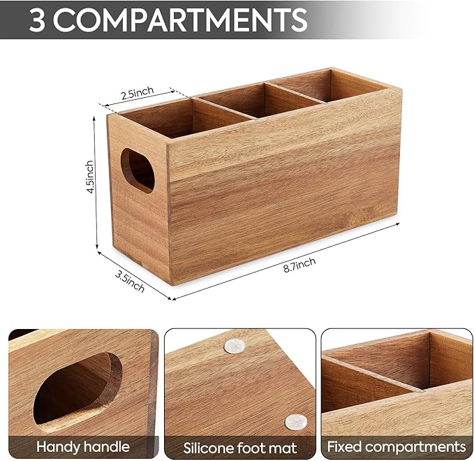 Acacia Wooden Silverware Holder, Kitchen Utensil Caddy with 3 Compartments, Cutlery Storage Organizer Countertop, Flatware Organizer for Party, Spoon, Fork Holder