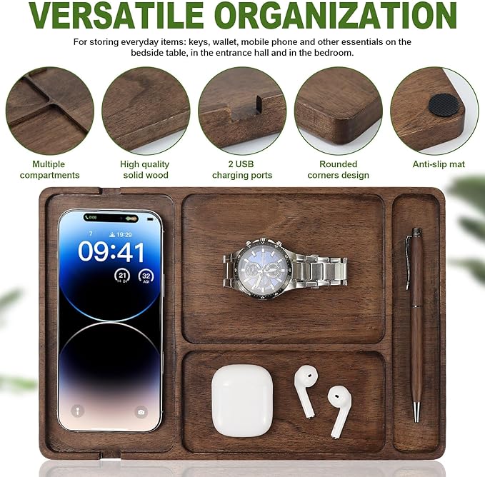 Multibey Walnut Wood Valet Tray - Wooden Nightstand Organizer for Men Women, 4 Slot Desk Drawer Organizer Tray, EDC Catch All Tray with Cable Slot for Phone Watch Wallet Key Jewelry