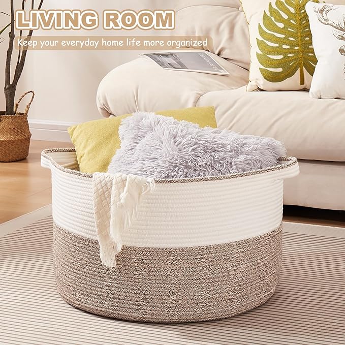 Large Blanket Basket with Handles, 22.8" x 22.8" x 13" Woven Storage Basket for Living Room, Cotton Rope Baby Toy Storage for Clothes, Pillows, Towels-Brown & White